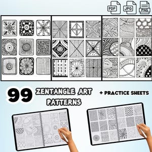 May include: A set of 99 Zentangle art patterns and practice sheets. The image shows a black and white illustration of a variety of geometric patterns. The patterns are arranged in a grid format. The image also includes a close-up of a notebook with a grid pattern.