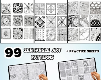 Puede incluir: Un conjunto de 99 patrones de arte Zentangle y hojas de práctica. La imagen muestra una ilustración en blanco y negro de una variedad de patrones geométricos. Los patrones están dispuestos en un formato de cuadrícula. La imagen también incluye un primer plano de un cuaderno con un patrón de cuadrícula.