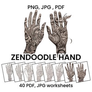 May include: Black and white Zendoodle hand art with intricate patterns. The image includes the text "PNG, JPG, PDF" and "ZENDOODLE HAND". Below are 40 PDF and JPG worksheets of hand designs.