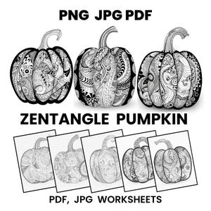 Op de afbeelding: Zwart-wit Zentangle pompoen ontwerpen. De afbeelding bevat drie gedetailleerde pompoenen met ingewikkelde patronen en verschillende werkbladen. Tekst bovenaan luidt "PNG JPG PDF" en "Zentangle Pumpkin" en onderaan "PDF, JPG Worksheets".