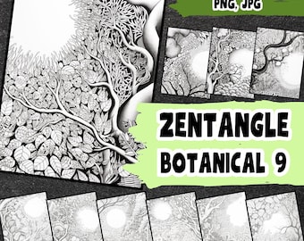 Botanical Zentangle Art, Nature Coloring Pages (PDF, PNG, JPG)
