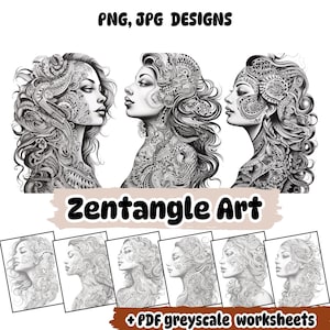 Modelli e tutorial Zentangle: splendido design del viso e dei capelli di una donna in Tangle Art, ombreggiatura dei capelli con pennelli Procreate, fogli di tracciamento,