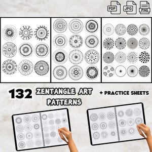 Può includere: Una collezione digitale di 132 motivi artistici Zentangle e fogli di pratica con disegni circolari in bianco e nero. L'immagine mostra diverse griglie di motivi complessi disegnati a mano, tra cui linee radiali, punti e forme geometriche.