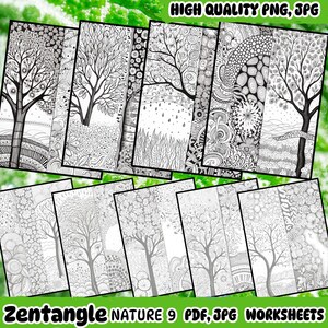 Pode incluir: Nove páginas para colorir de natureza Zentangle imprimíveis em preto e branco, apresentando árvores e padrões intrincados. As páginas são etiquetadas como "Zentangle Nature 9 PDF, JPG Worksheets".