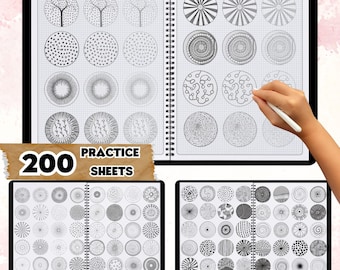 May include: A set of 200 printable Zentangle practice sheets featuring basic patterns. The sheets are divided into sections with different patterns, including circles, dots, lines, and swirls. The text "200 PRACTICE SHEETS" and "ZENTANGLE BASIC 6" is visible on the image.
