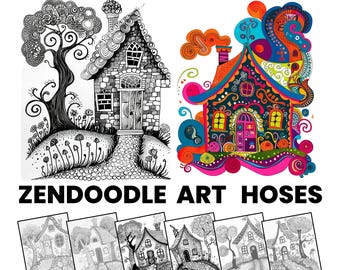 Whimsical Fantasy House Zentangle Sheets – Printable PNG JPG PDF Bundle for Adults