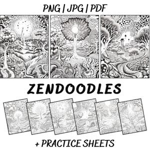 May include: Black and white Zendoodle art prints featuring detailed tree and landscape designs. The image includes the text "PNG | JPG | PDF" and "ZENDODDLES + PRACTICE SHEETS". The art style is intricate and suitable for coloring.