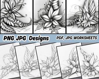 Flame Flower Zentangle Art Templates, Practice Sheets (PDF Download)