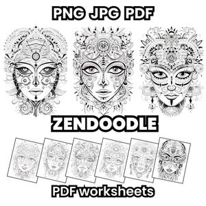 May include: Black and white Zendoodle PDF worksheets featuring detailed face designs. The image includes the text "PNG JPG PDF", "Zendoodle", and "PDF worksheets". The designs are intricate and suitable for colouring.
