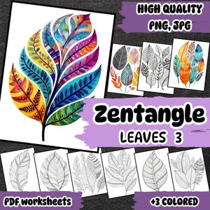 Könnte beinhalten: Ein Satz druckbarer Malvorlagen mit komplizierten Zentangle-Designs von Blättern. Das Set enthält drei farbige Blätter und drei schwarz-weiße Blätter. Der Titel "Zentangle Leaves 3" ist auf dem Bild zu sehen.