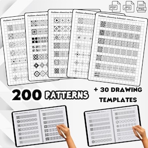 Könnte beinhalten: Ein Satz mit 200 schwarz-weißen Mustervorlagen zum Zeichnen, plus 30 zusätzliche Zeichenvorlagen. Die Vorlagen sind auf weißem Papier gedruckt und in Reihen und Spalten angeordnet. Die Vorlagen sollen Menschen helfen, verschiedene Muster zu zeichnen.