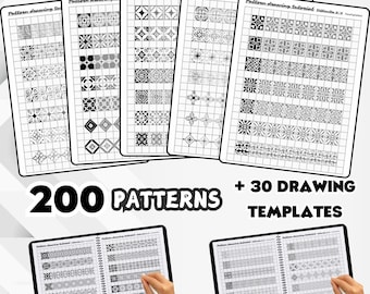 Puede incluir: Un conjunto de 200 plantillas de dibujo de patrones en blanco y negro, más 30 plantillas de dibujo adicionales. Las plantillas están impresas en papel blanco y están organizadas en filas y columnas. Las plantillas están diseñadas para ayudar a las personas a aprender a dibujar diferentes patrones.