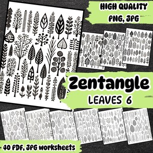 May include: A set of 40 black and white printable zentangle leaves worksheets. The worksheets feature various leaf designs in a simple, geometric style. The title "Zentangle Leaves 6" is displayed on a green background.