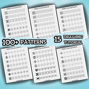 Puede incluir: Seis hojas de tutoriales de dibujo de patrones, cada una mostrando diseños geométricos en blanco y negro. El texto "Pattern drawing tutorial" es visible en cada hoja. La imagen también presenta el texto "100+ PATTERNS" y "15 DRAWING TUTORIAL".