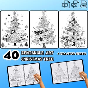 May include: A set of 40 printable Zentangle art Christmas tree coloring pages. The image shows three examples of the coloring pages, with a black and white illustration of a Christmas tree with intricate patterns. The image also shows a notebook with two pages of the coloring pages.
