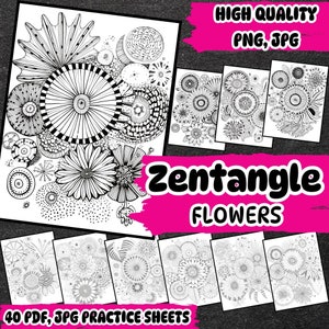 Zentangle Muster und Übungsblätter: Kunstvolles Kritzeln mit ungewöhnlichen Blumendesigns und kreativer Naturkunst, PNG, JPG, PDF Arbeitsblätter