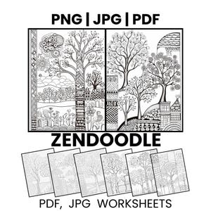 May include: Black and white Zendoodle coloring pages featuring tree and landscape designs. The image includes the text "PNG | JPG | PDF", "ZENDODLE" and "PDF, JPG WORKSHEETS". Several sample worksheets are shown.