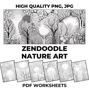 Pode incluir: Impressões de arte da natureza Zendoodle em preto e branco e planilhas em PDF. A imagem apresenta ilustrações detalhadas de árvores, folhagens e padrões abstratos. O texto na parte superior diz "HIGH QUALITY PNG, JPG" e o texto no meio diz "ZENDOODLE NATURE ART".