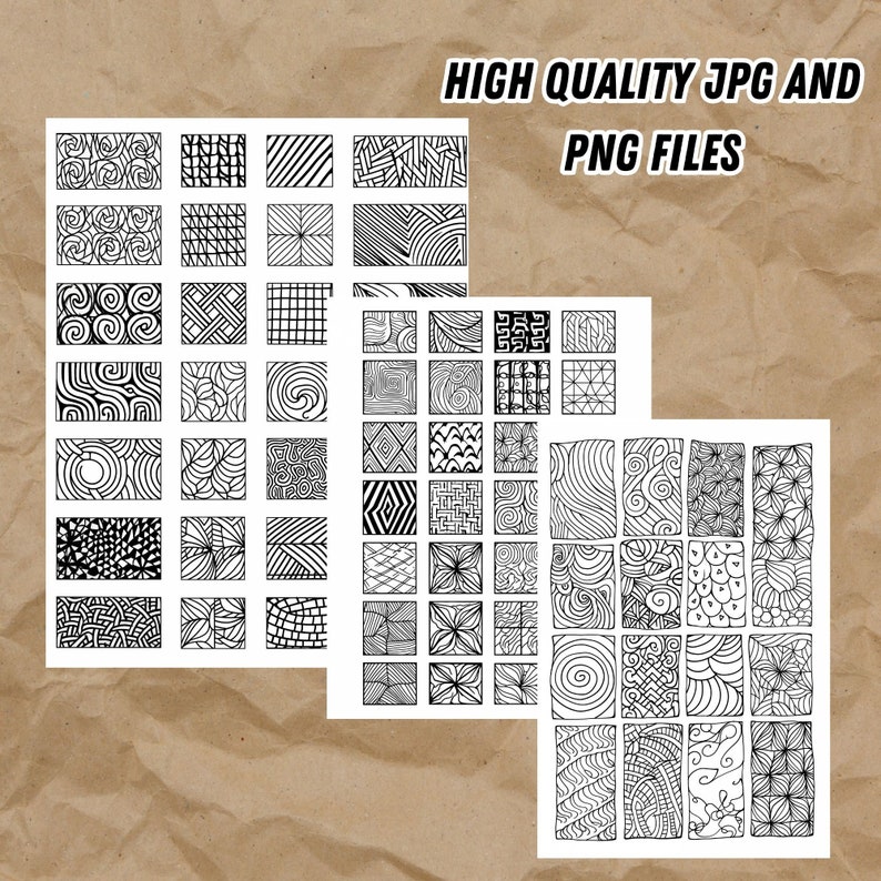 May include: A set of 3 printable sheets with 36 black and white doodle patterns. Each pattern is in a square shape. The text "HIGH QUALITY JPG AND PNG FILES" is at the top of the image.
