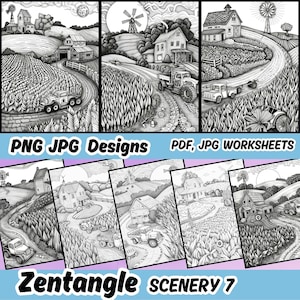 May include: Black and white Zentangle coloring pages featuring a rural farm scene with a farmhouse, windmill, and winding road.  The text "PNG JPG Designs" and "PDF, JPG Worksheets" is included in the image.  The text "Zentangle Scenery 7" is also included in the image.