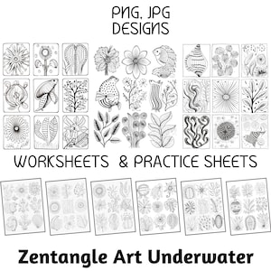 Könnte beinhalten: Schwarz-weiße druckbare Zentangle-Kunstdesigns zum Ausmalen. Die Designs zeigen Unterwassermotive wie Fische, Algen und Korallen. Der Text "PNG, JPG DESIGNS, WORKSHEETS & PRACTICE SHEETS, Zentangle Art Underwater" ist im Bild enthalten.