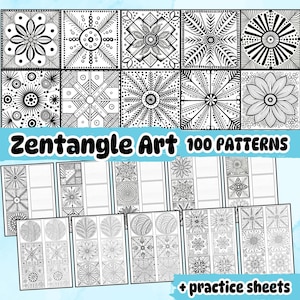 Könnte beinhalten: Eine Sammlung von Zentangle-Kunstmustern in Schwarz und Weiß, mit verschiedenen geometrischen und floralen Designs. Das Bild enthält den Text "Zentangle Art 100 PATTERNS" und zusätzliche Übungsblätter.