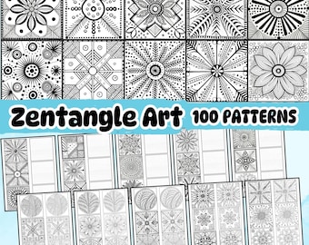 Puede incluir: Una colección de patrones de arte Zentangle en blanco y negro, con varios diseños geométricos y florales. La imagen incluye el texto "Zentangle Art 100 PATTERNS" y hojas de práctica adicionales.