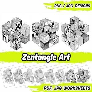May include: Three black and white geometric designs with intricate patterns. The designs are made up of cubes with different patterns on each side. The designs are labeled "Zentangle Art" and "PDF, JPG WORKSHEETS".