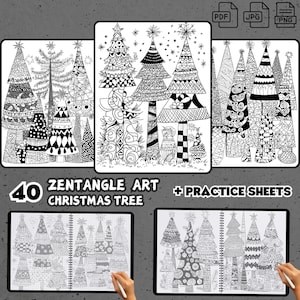 Puede incluir: Un conjunto de 40 páginas para colorear imprimibles de árboles de Navidad Zentangle. Las páginas presentan diseños y patrones intrincados que se pueden colorear con marcadores, crayones o lápices de colores. El conjunto también incluye hojas de práctica para ayudarte a comenzar con el arte Zentangle.