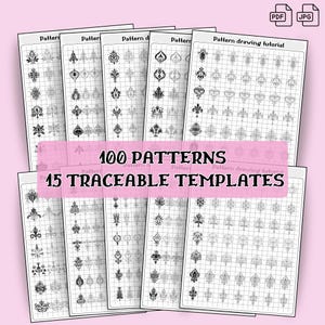 Könnte beinhalten: Ein druckbares Blatt mit 100 schwarzen und weißen Mustern, von denen 15 nachverfolgbare Vorlagen sind. Die Muster sind geometrisch und floral gestaltet. Das Blatt ist in Abschnitte unterteilt, die jeweils mit dem Titel "Muster" und einer Nummer versehen sind. Das Blatt befindet sich auf einem rosa Hintergrund.