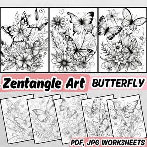 Wzory motyli Zentangle, książka z zadaniami dla dorosłych - kreatywny zeszyt ćwiczeń do clipartów i kolorowania, cyfrowy zestaw do rysowania i kalkowania dla terapii przez sztukę
