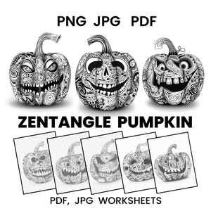 Op de afbeelding: Drie zwart-wit Zentangle pompoen illustraties met gesneden gezichten. De pompoenen hebben ingewikkelde patronen en zijn gelabeld met "PNG JPG PDF". Onder de pompoenen staat de tekst "Zentangle Pumpkin". Werkbladen zijn gelabeld met "PDF, JPG WORKSHEETS".