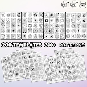 May include: A set of 200 printable mandala templates and 700+ patterns for coloring. The templates are black and white and feature a variety of geometric designs. The patterns are on a grid background.