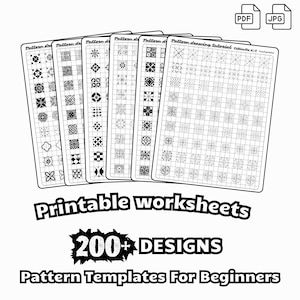 May include: Printable worksheets with over 200 geometric pattern designs for beginners. The worksheets are black and white and feature a grid for drawing.