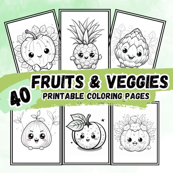 Adorable Kawaii Fruits & Veggies Coloring Pages, Bring Vibrant Fun to Your Artistic Journey, Child-Friendly book, Fruity Fun, Sweet Sketches