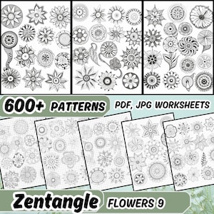 花の禅の落書き: 静かなアートセラピーのための印刷可能なパターン、花のゼンタングルパターン、花の瞑想でリラックス、植物のモチーフ