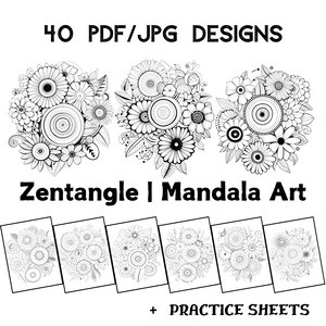 Könnte beinhalten: Ein Set mit 40 Schwarzweiß-Zentangle- und Mandala-Kunstdesigns, perfekt zum Ausmalen. Die Designs zeichnen sich durch komplizierte Muster und florale Motive aus. Das Set enthält auch Übungsbögen, um Ihre Fähigkeiten zu verbessern.