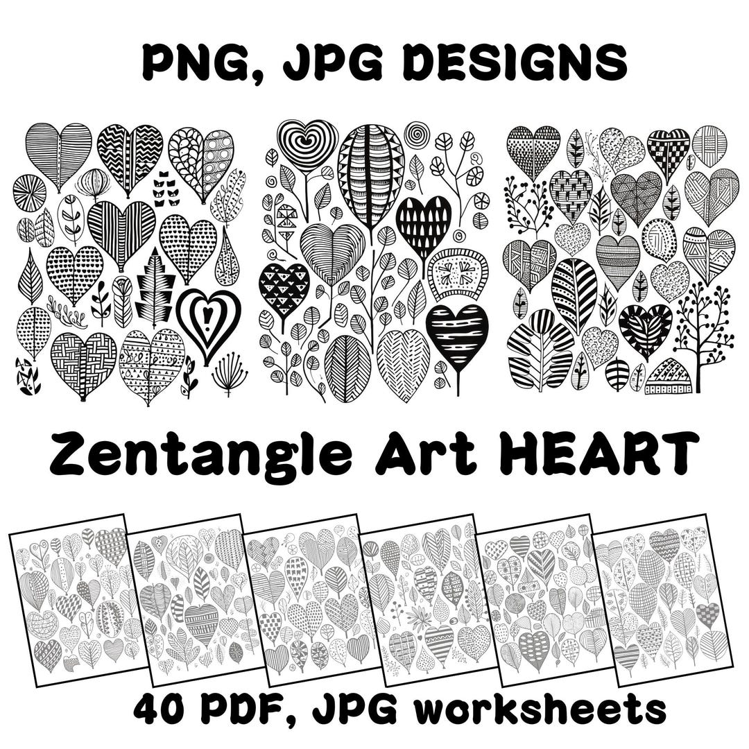 Heart Zentangle Pattern Art – 40 Printable Mindful Designs (digital ...