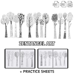 May include: Black and white printable Zentangle art tree designs with practice sheets.  The image shows 10 different tree designs with intricate patterns.  The practice sheets are blank with a grid pattern.