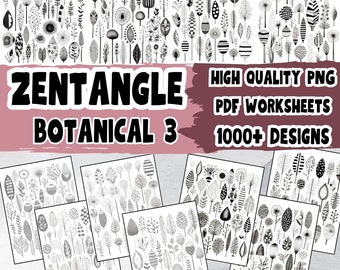 Könnte beinhalten: Ein Satz von acht schwarz-weißen druckbaren Zentangle-Pflanzenmustern. Die Designs zeigen eine Vielzahl von Blättern, Blumen und anderen botanischen Elementen. Der Text "ZENTANGLE BOTANICAL 3" befindet sich oben im Bild. Der Text "HIGH QUALITY PNG PDF WORKSHEETS 1000+ DESIGNS" befindet sich oben rechts im Bild.