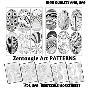 Puede incluir: Patrones de arte Zentangle en blanco y negro en varias formas, incluyendo óvalos y círculos, con diseños intrincados. La imagen incluye el texto "Zentangle Art PATTERNS" y "PDF, JPG GREYSCALE WORKSHEETS".