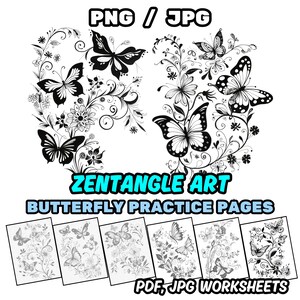 Schwarzer Schmetterling Zentangle Arbeitsblätter Bündel • Aktivitätsbuch für Erwachsene • Druckbare Übungsseiten für Procreate & Färbung • Gekritzel Ablaufverfolgungsblatt