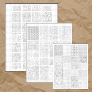 May include: Three sheets of graph paper with different patterns drawn on them. The patterns are geometric, abstract, and organic.