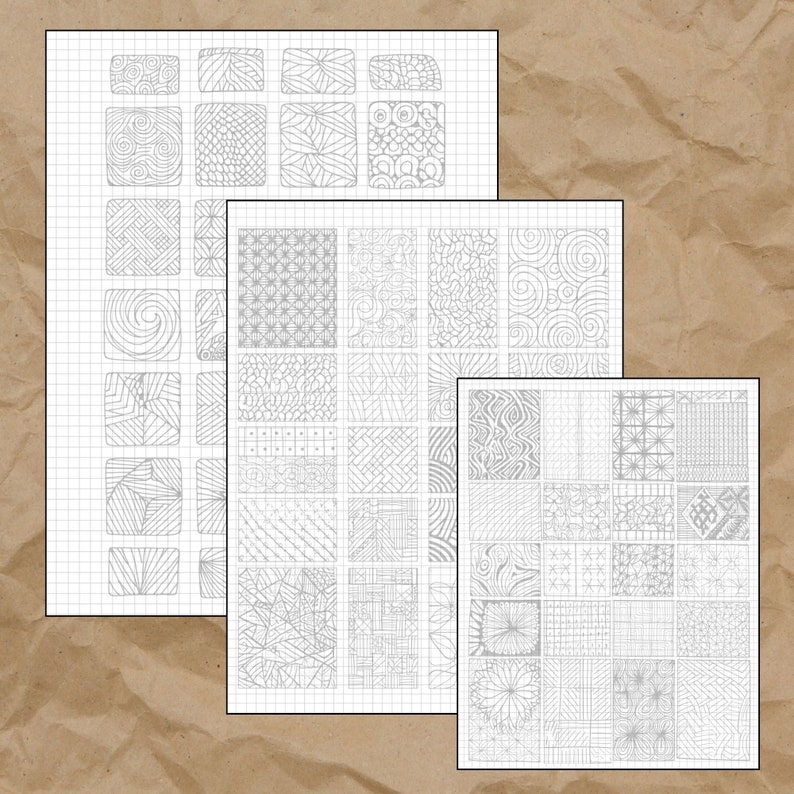 May include: Three sheets of graph paper with different patterns drawn on them. The patterns are geometric, abstract, and organic.