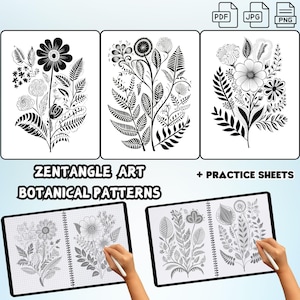 Könnte beinhalten: Schwarz-weiße Zentangle-Kunst botanische Muster mit Übungsblatt. Das Bild zeigt drei florale Designs mit filigranen Details und ein Notizbuch mit Übungsblatt.