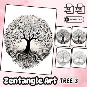 Zentangle Tree Patterns, Unusual Tree Design with Practice Sheets, Detailed Tree Illustration, Shading Procreate, Zendoodle, Practice Hand