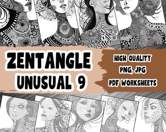 Zentangle : modèles de silhouette de visage de femme uniques et tutoriels complets - feuilles de travail PNG, JPG et PDF incluses