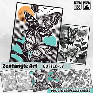 Elegant Butterfly Zentangle Practice Worksheets | Printable Tracing Templates for Adults & Teens | Digital PDF, JPG, PNG Bundle