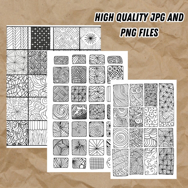 May include: A set of two printable sheets of black and white doodle patterns. Each sheet contains 36 squares with different patterns. The text "HIGH QUALITY JPG AND PNG FILES" is at the top of the image.