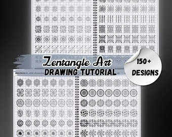 Puede incluir: Un libro de tutorial de dibujo de arte Zentangle en blanco y negro con más de 150 diseños. El libro está abierto en una página con un patrón de cuadrícula y varios diseños geométricos.